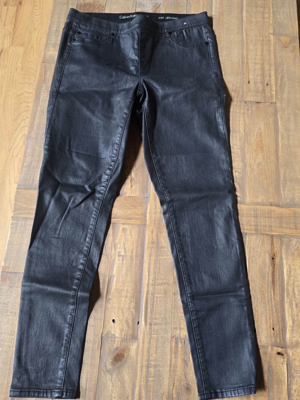 Calvin Klein Coated Black Denim Leggings Waxed Liquid Leather Look Pants W29 8